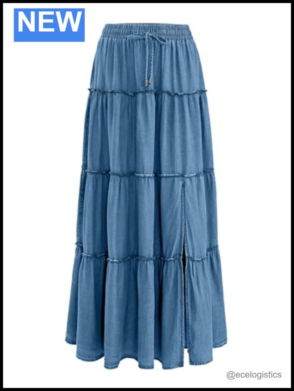 Women's Denim Tiered Maxi Skirt High Waisted Ruffle Flowy Long Skirt